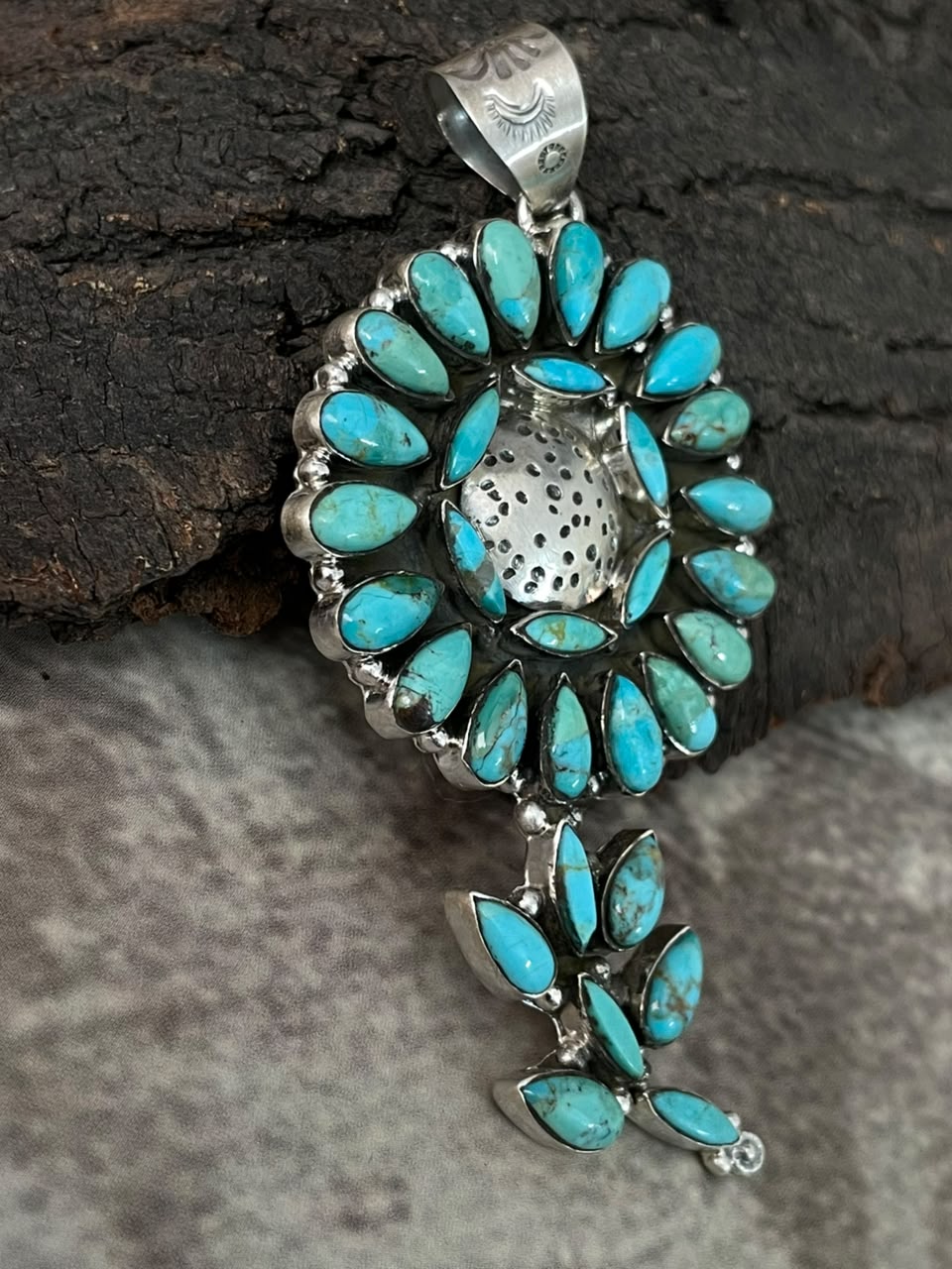 Handmade Sterling Silver Kingman Turquoise Flower Pendant Signed Nizhoni