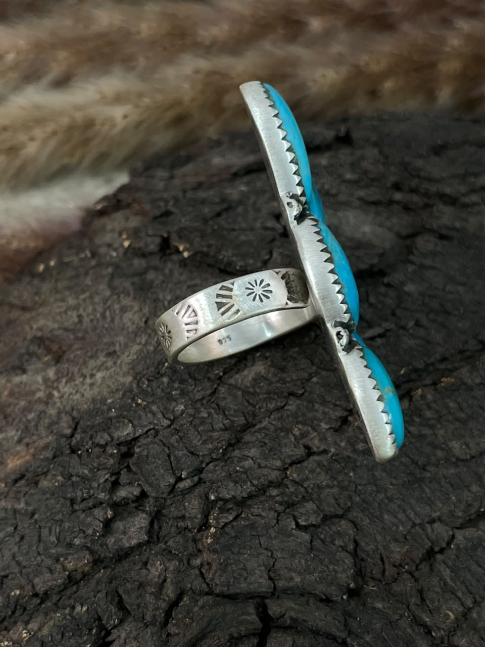Handmade Sterling Silver Blue Kingman Turquoise Adjustable Ring Signed Nizhoni