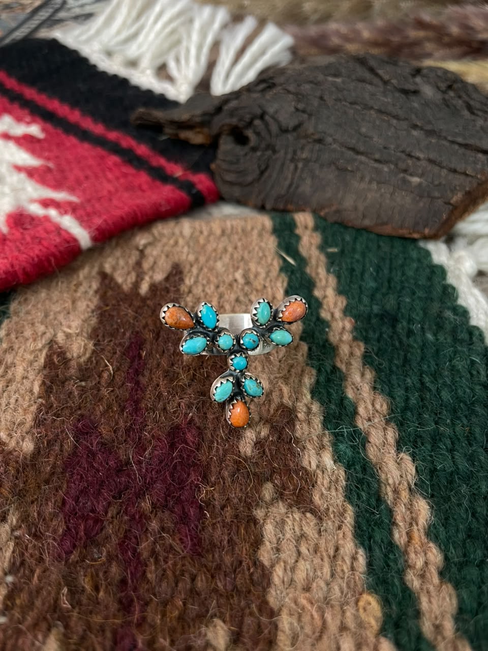 Handmade Sterling Silver Orange Mojave with Kingman Turquoise Adjustable Ring Signed Nizhoni