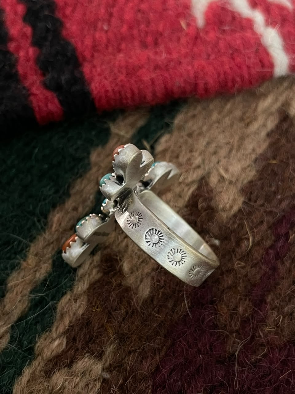 Handmade Sterling Silver Orange Mojave with Kingman Turquoise Adjustable Ring Signed Nizhoni