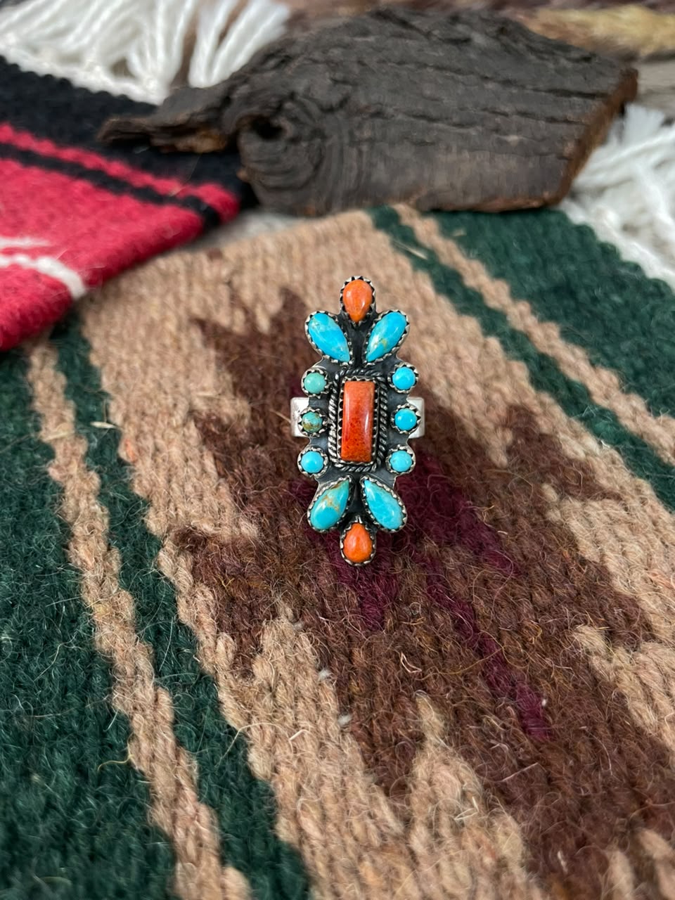 Handmade Sterling Silver Orange Mojave with Kingman Turquoise Adjustable Ring Signed Nizhoni