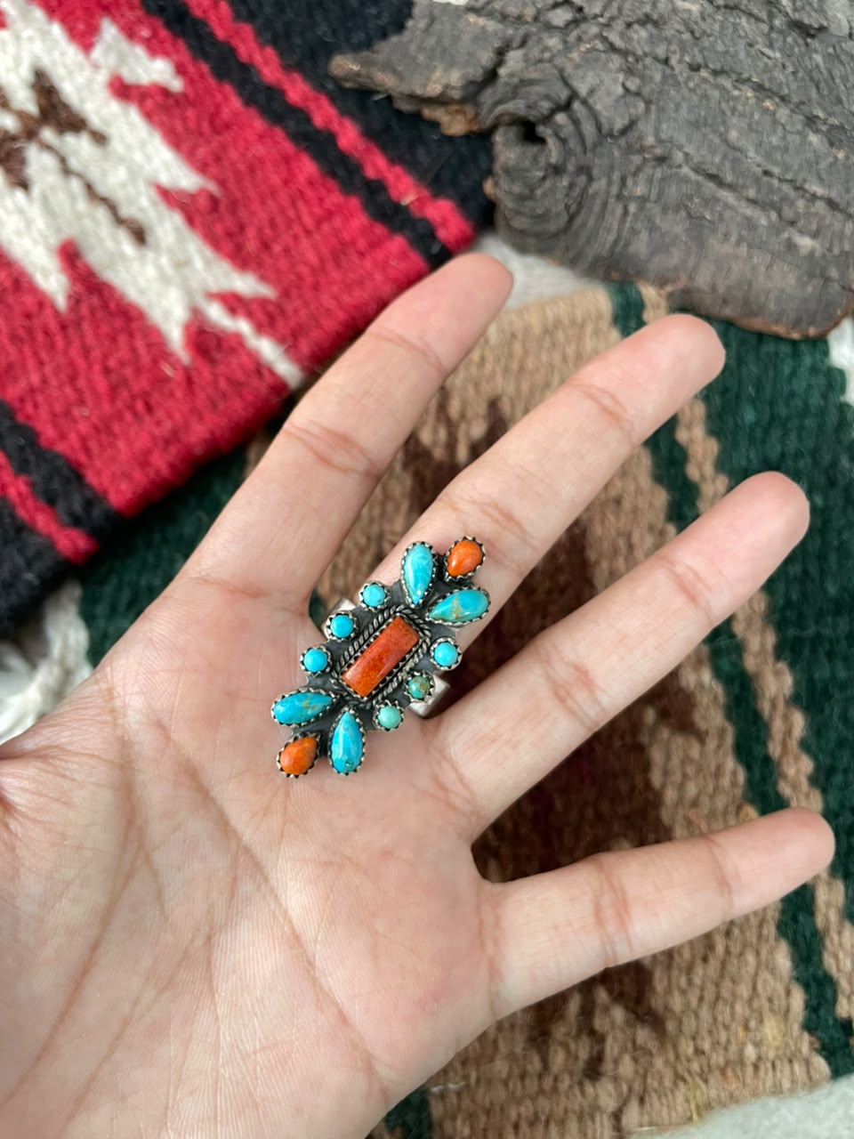 Handmade Sterling Silver Orange Mojave with Kingman Turquoise Adjustable Ring Signed Nizhoni