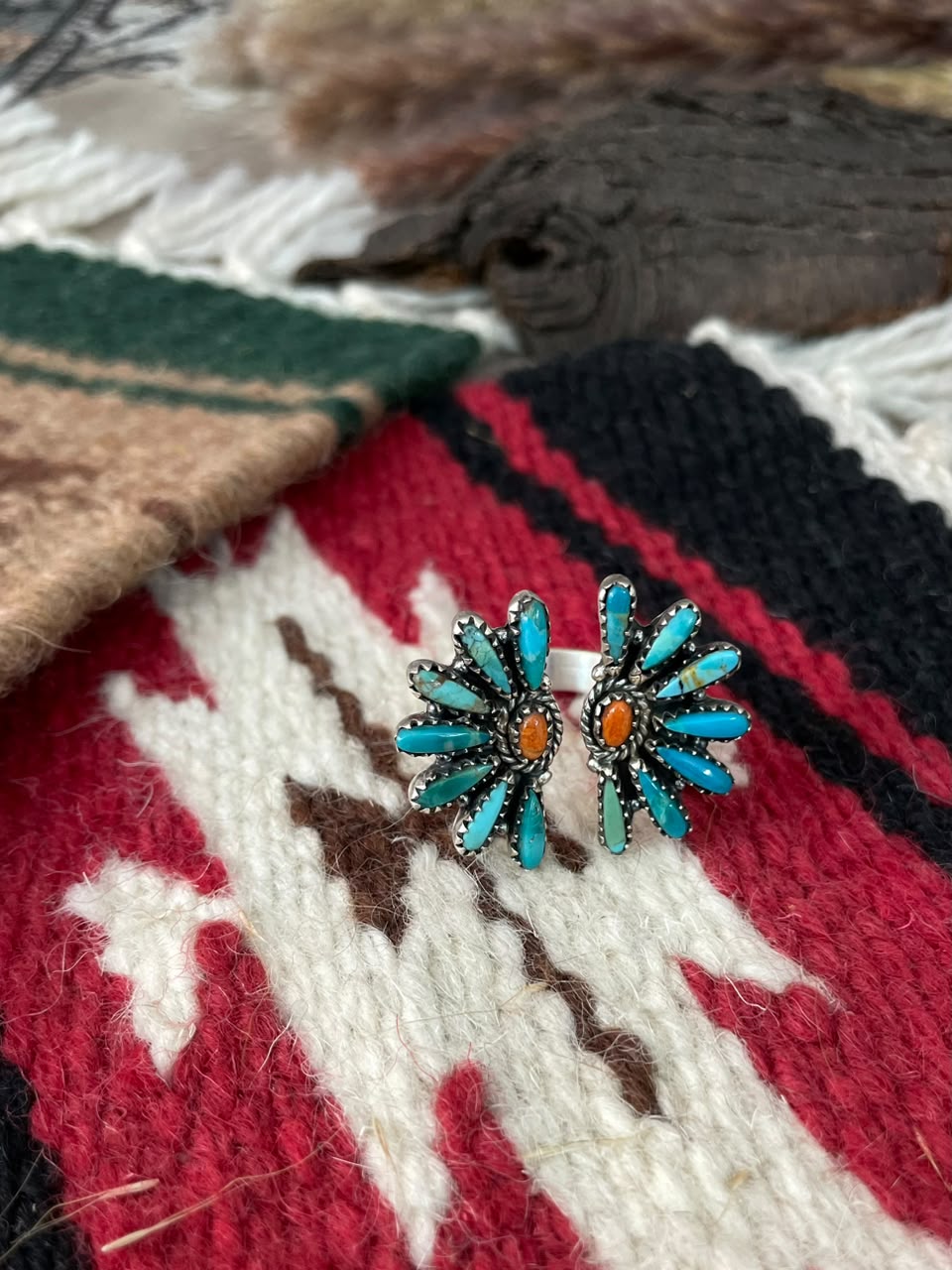 Handmade Sterling Silver Orange Mojave with Kingman Turquoise Adjustable Ring Signed Nizhoni