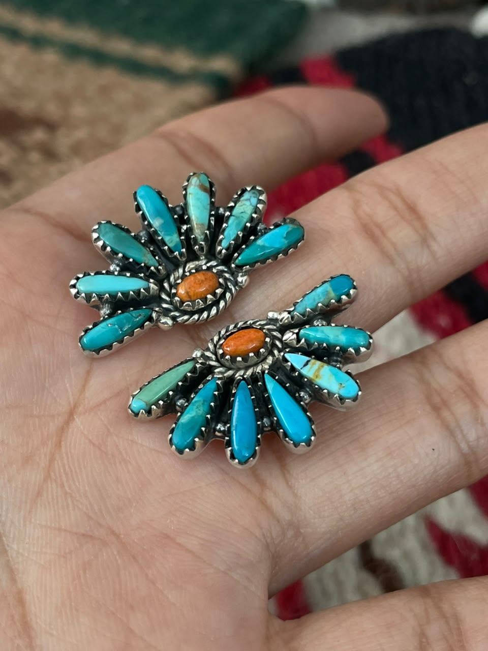 Handmade Sterling Silver Orange Mojave with Kingman Turquoise Adjustable Ring Signed Nizhoni