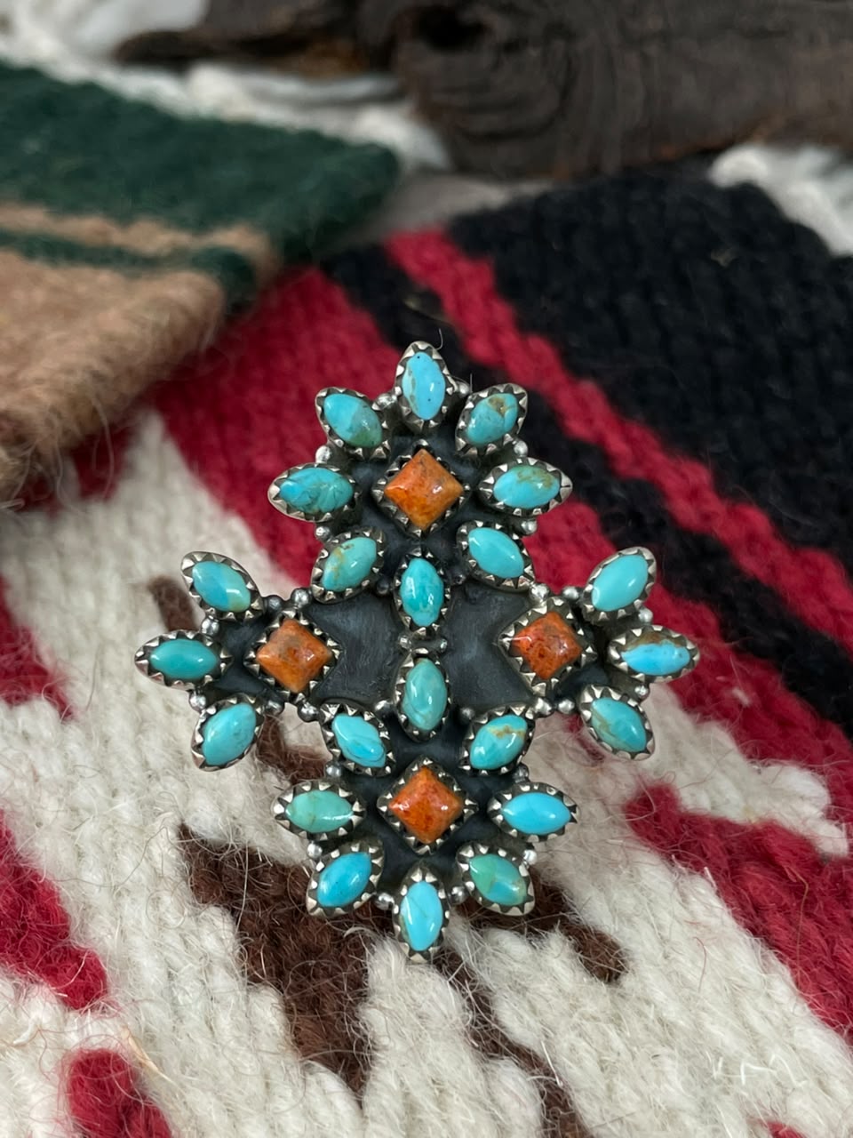 Handmade Sterling Silver Orange Mojave with Kingman Turquoise Adjustable Ring Signed Nizhoni