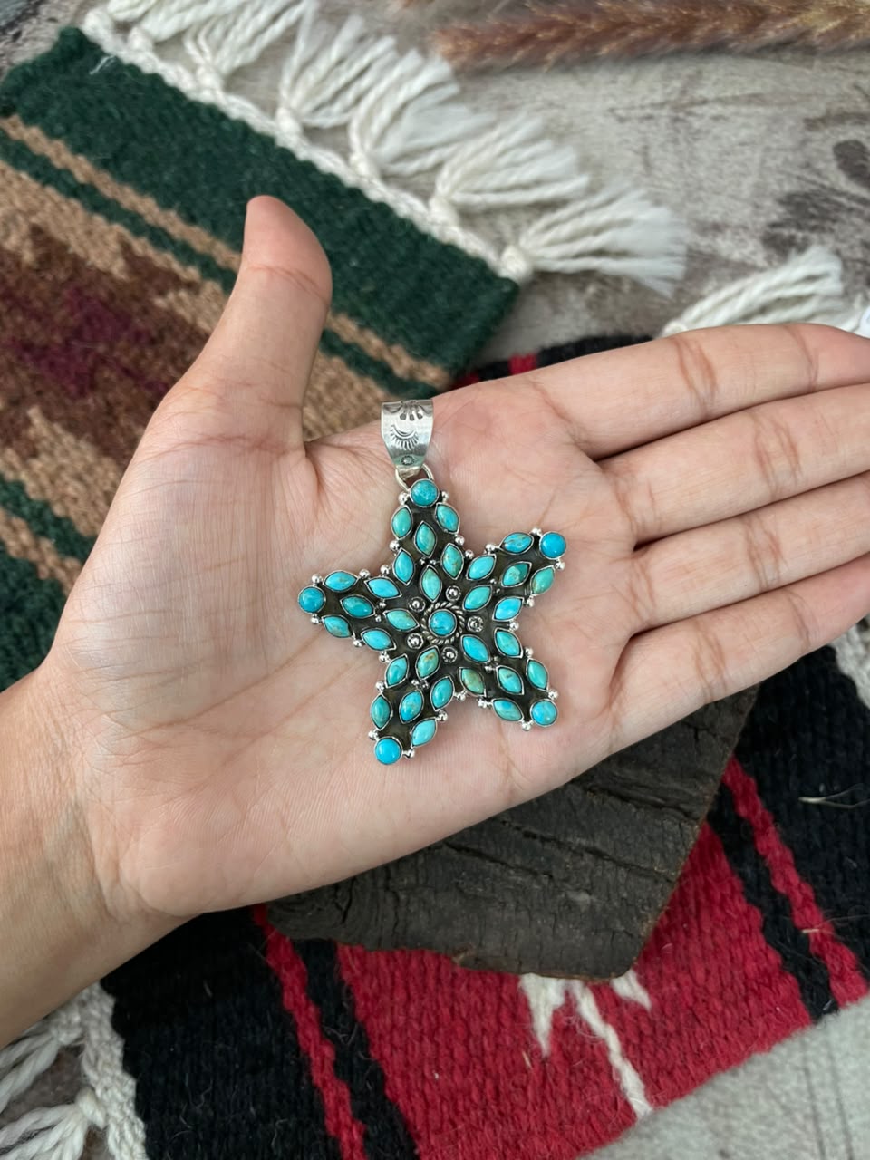 Handmade Sterling Silver Kingman Turquoise Star Pendant Signed Nizhoni