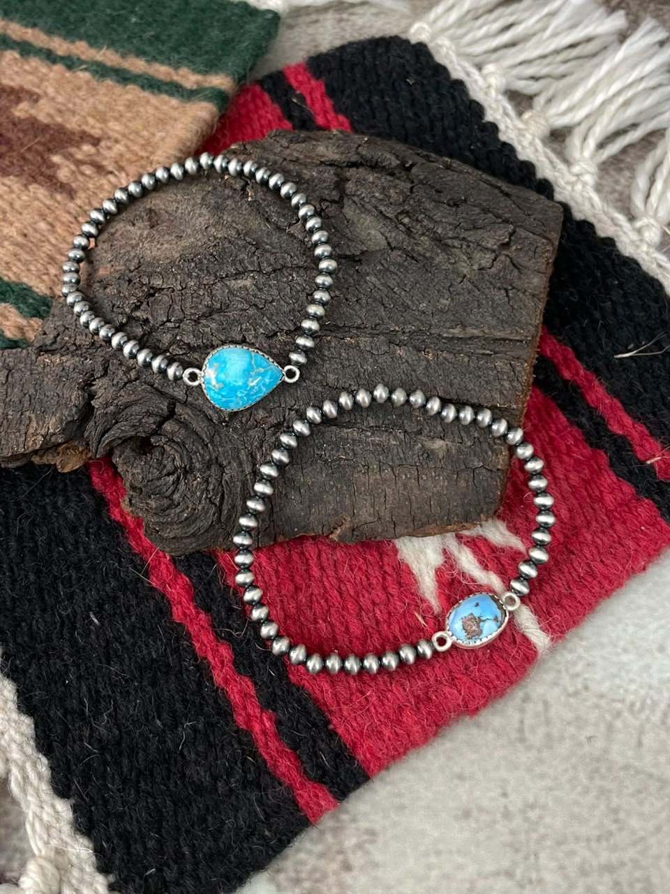 Handmade Sterling Silver Golden Hills and Sierra Bella Turquoise Stretchy Beaded Bracelet Signed Nizhoni