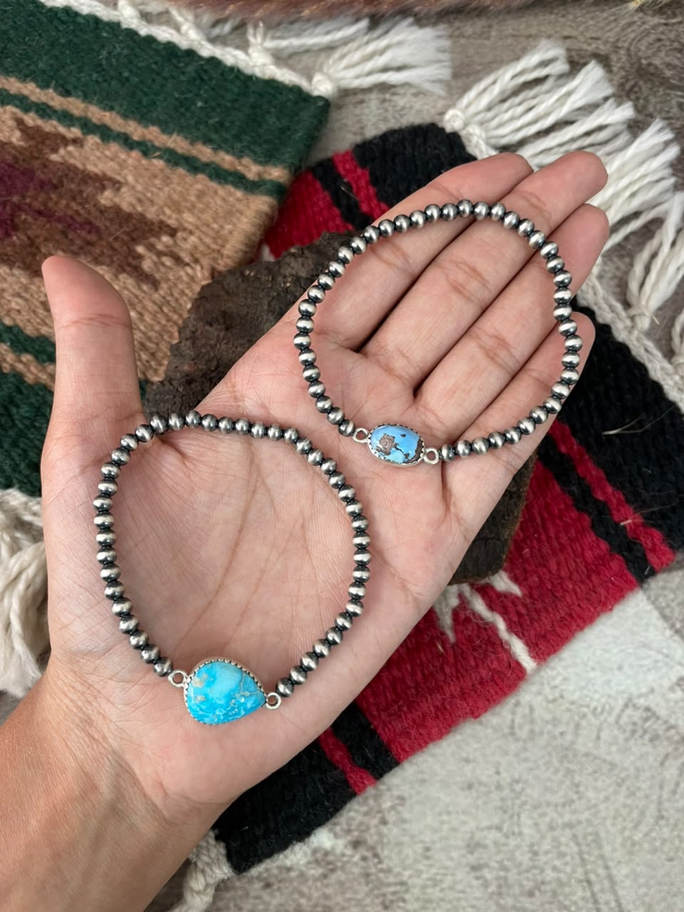 Handmade Sterling Silver Golden Hills and Sierra Bella Turquoise Stretchy Beaded Bracelet Signed Nizhoni