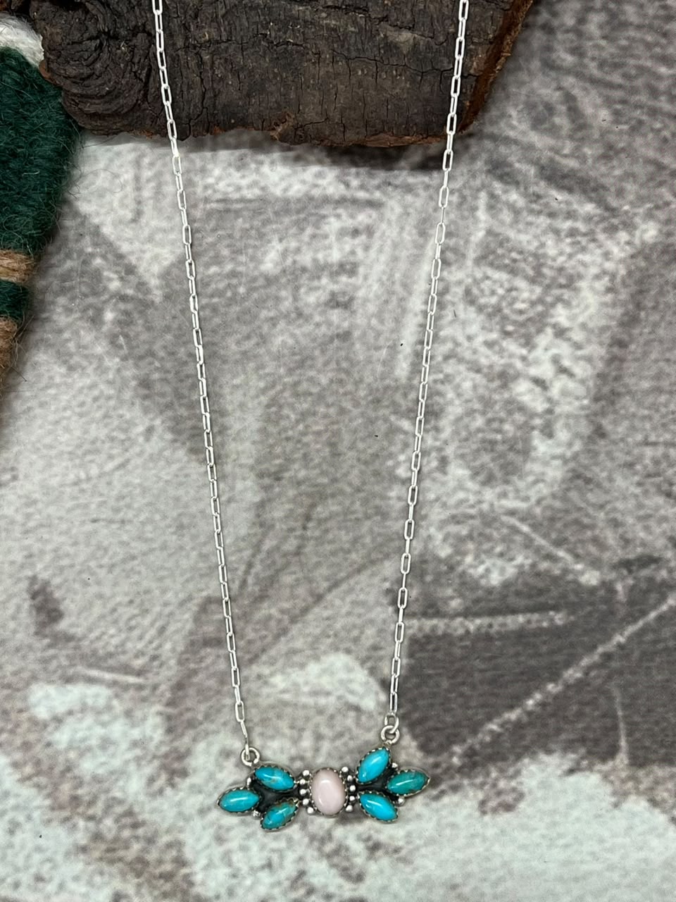 Handmade Sterling Silver Kingman Turquoise with Pink Opal Necklace Signed Nizhoni