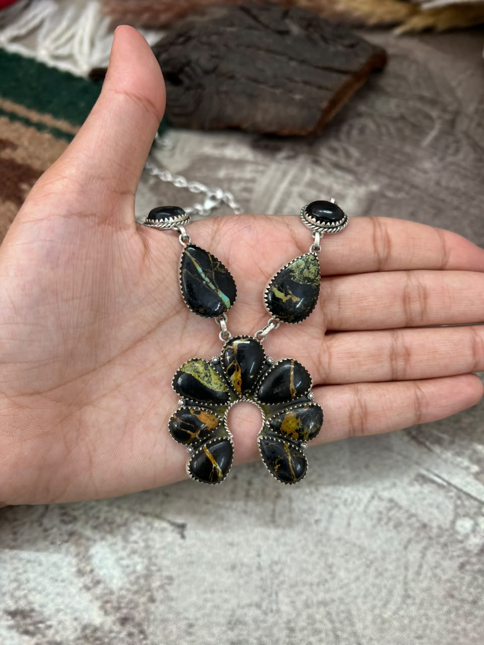 Handmade Sterling Silver Blackjack Turquoise Naja Necklace Signed Nizhoni