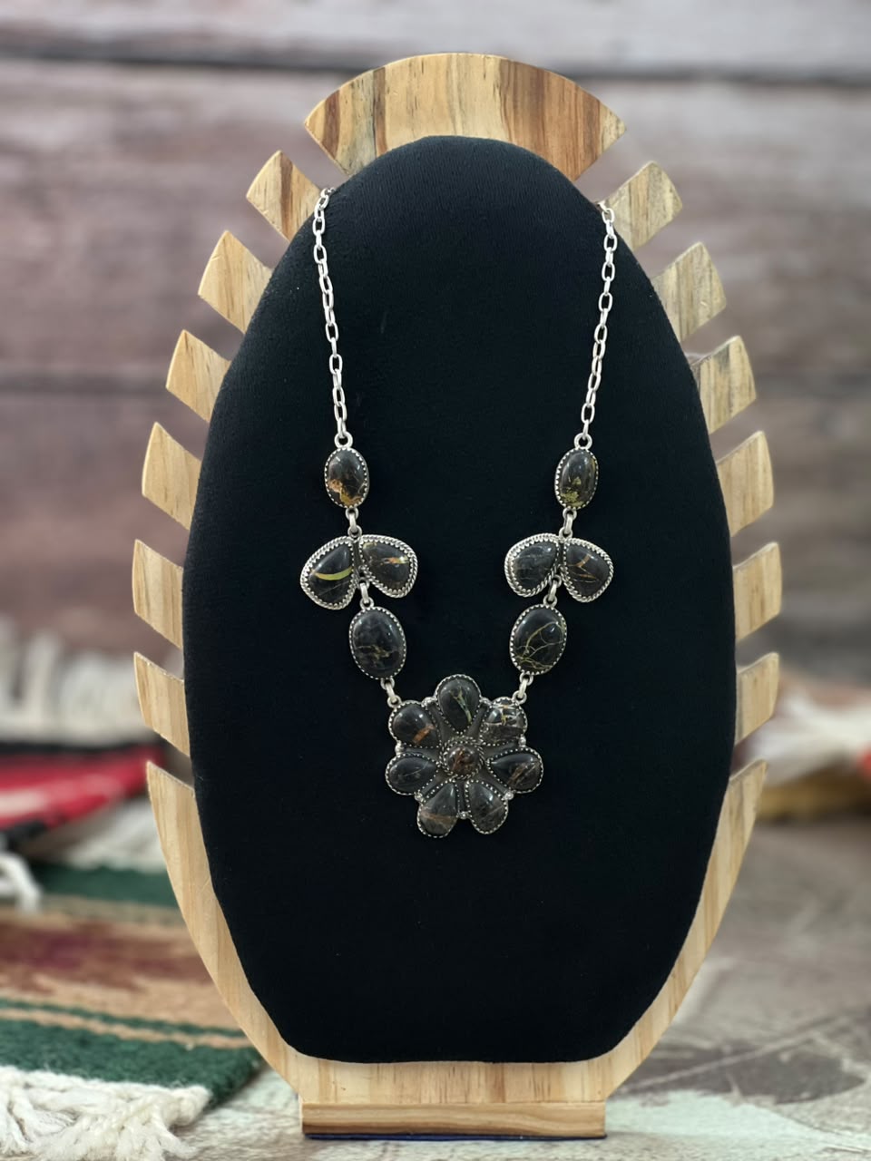 Handmade Sterling Silver Blackjack Turquoise Necklace Signed Nizhoni