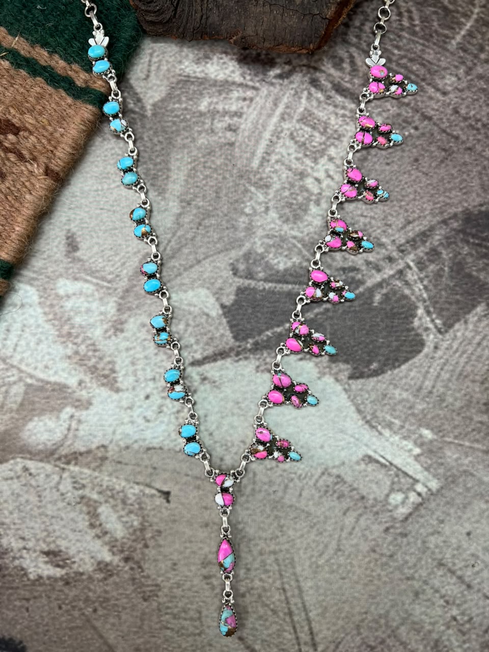 Handmade Sterling Silver Cotton Candy 'Y Shaped' Necklace Signed Nizhoni