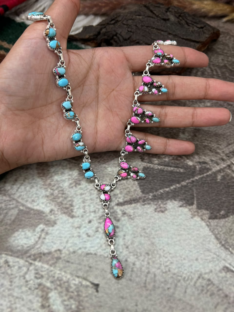 Handmade Sterling Silver Cotton Candy 'Y Shaped' Necklace Signed Nizhoni