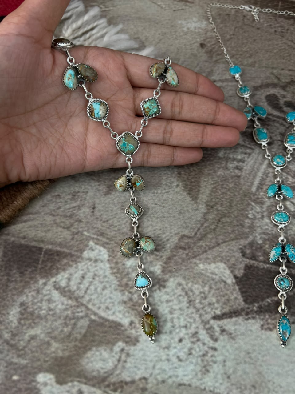Handmade Sterling Silver White Water, Royston, Golden Hills and Palomino Turquoise Drop Necklace Signed Nizhoni
