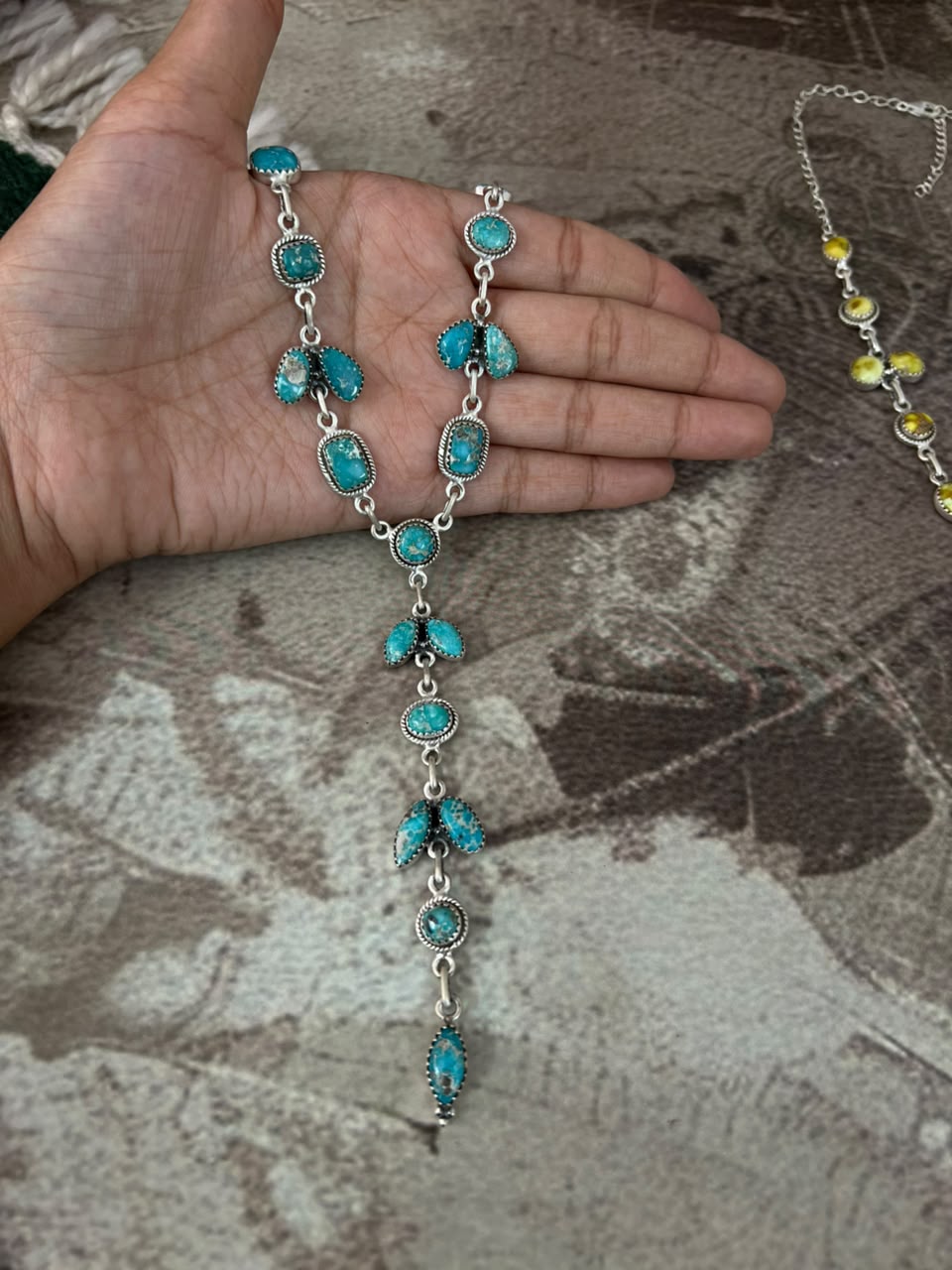 Handmade Sterling Silver White Water, Royston, Golden Hills and Palomino Turquoise Drop Necklace Signed Nizhoni