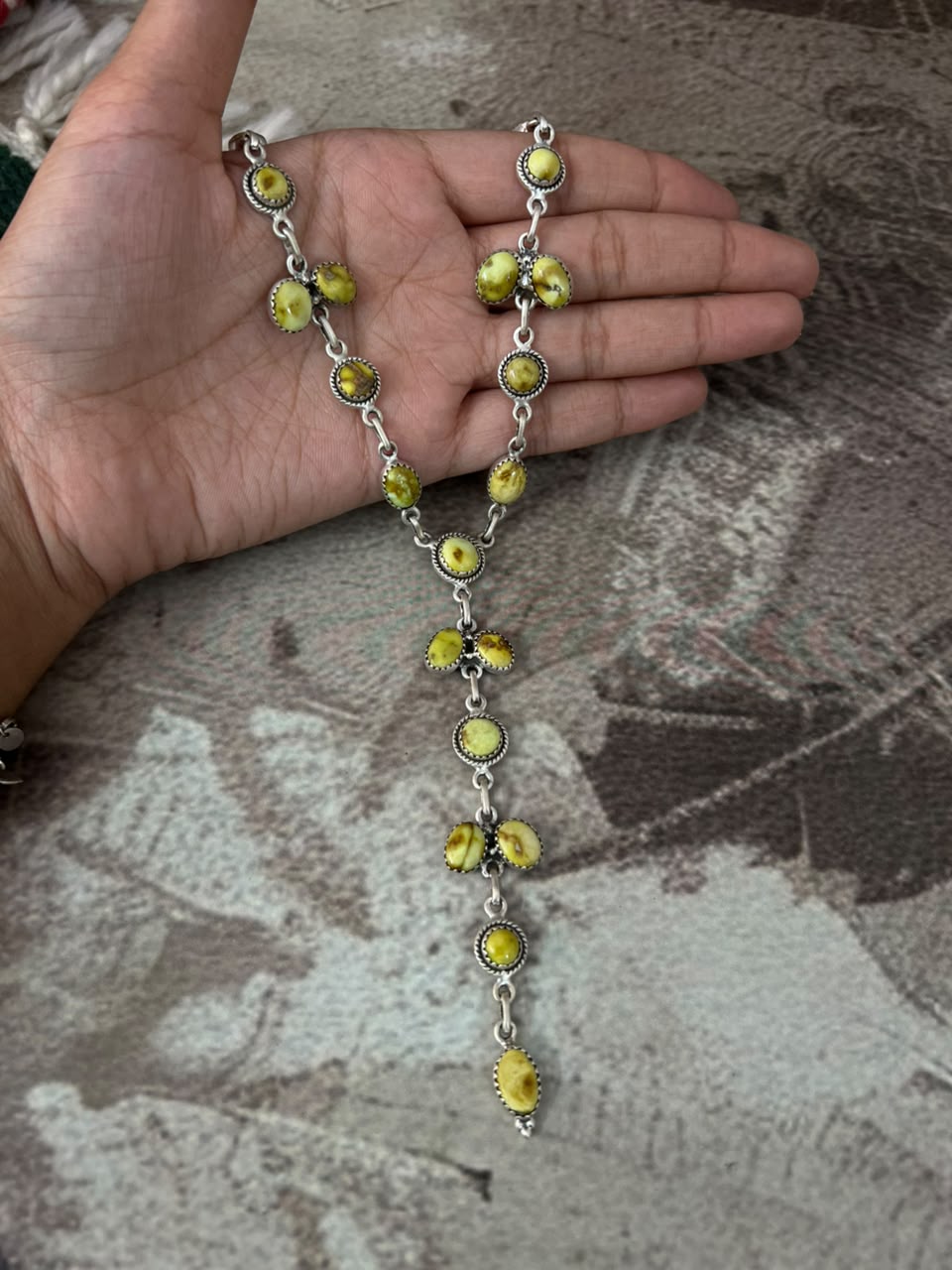 Handmade Sterling Silver White Water, Royston, Golden Hills and Palomino Turquoise Drop Necklace Signed Nizhoni