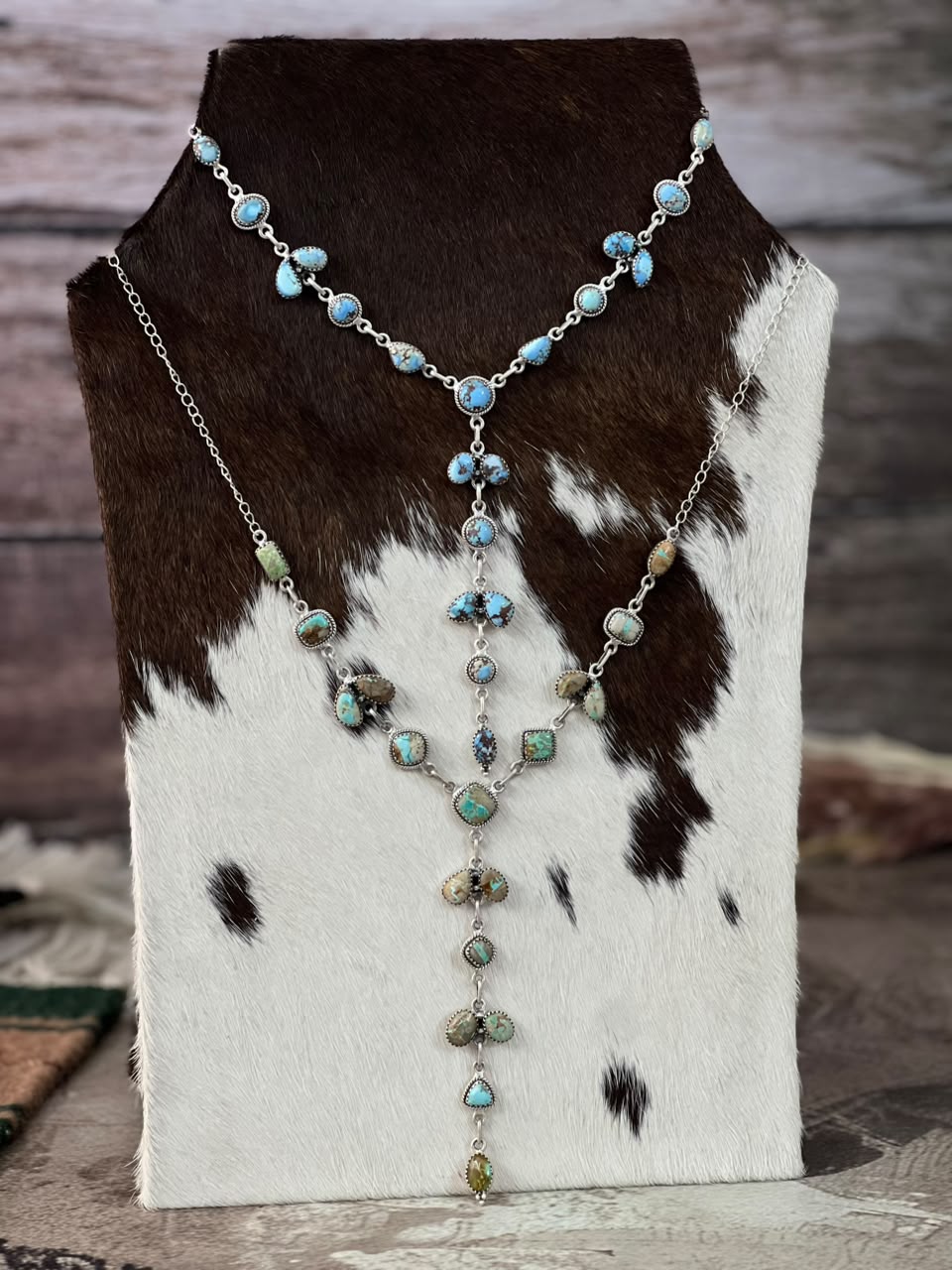 Handmade Sterling Silver White Water, Royston, Golden Hills and Palomino Turquoise Drop Necklace Signed Nizhoni