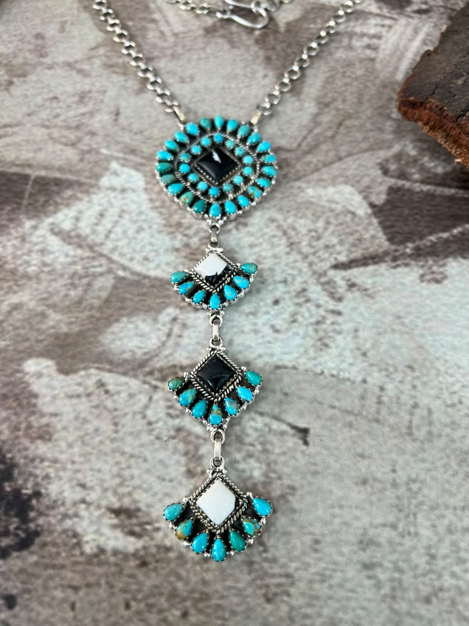 Handmade Sterling Silver Kingman Turquoise with White Buffalo Drop Necklace Signed Nizhoni
