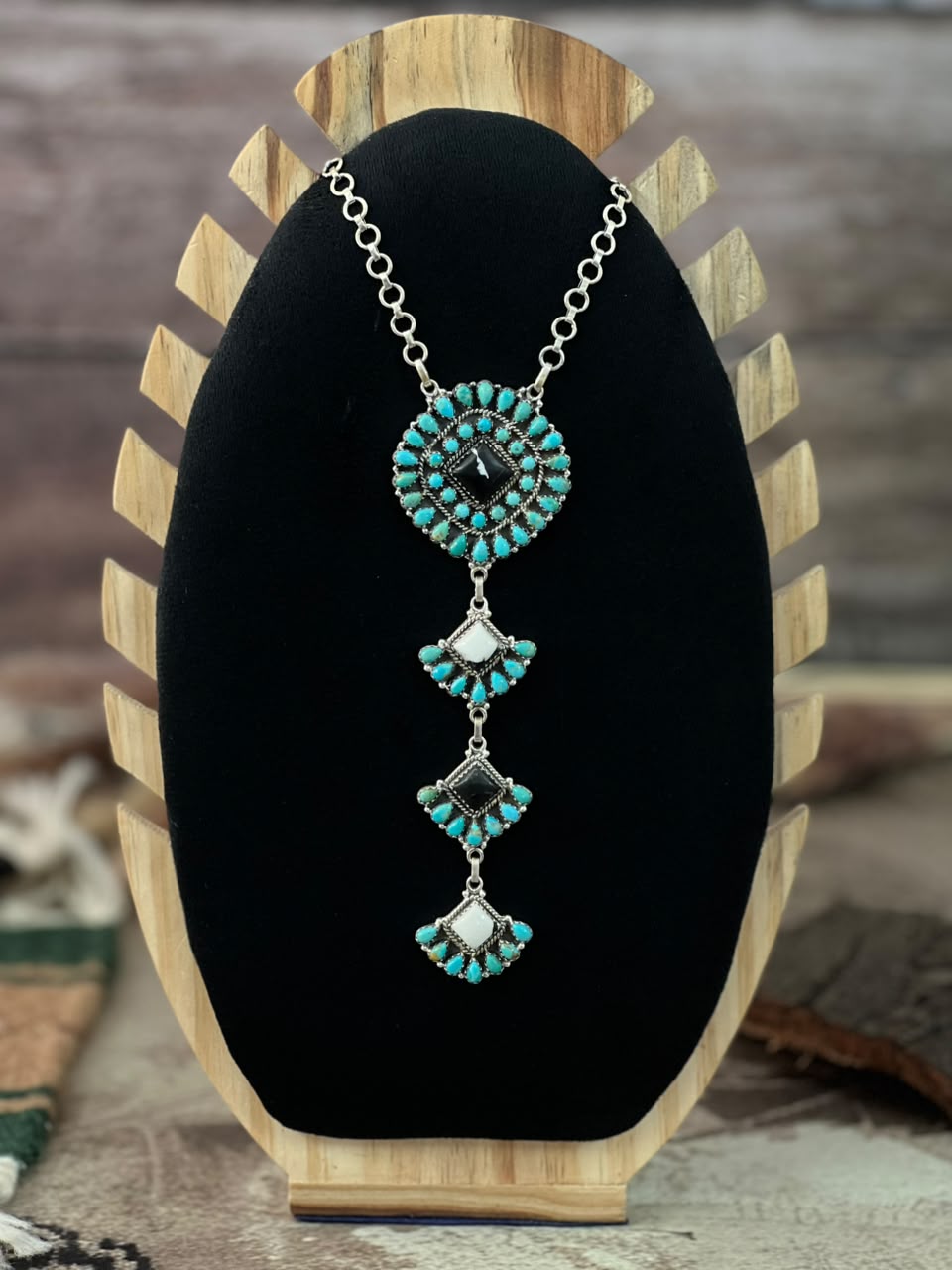 Handmade Sterling Silver Kingman Turquoise with White Buffalo Drop Necklace Signed Nizhoni