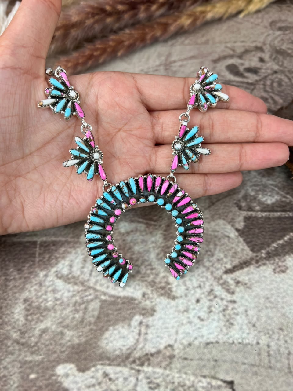 Handmade Sterling Silver Cotton Candy Naja Necklace Signed Nizhoni
