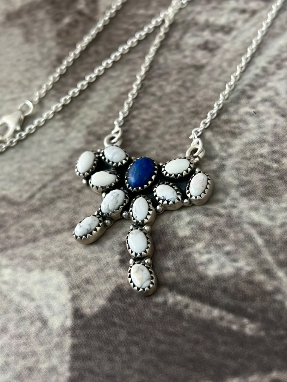 Handmade Sterling Silver White Buffalo with Lapis Necklace Signed Nizhoni