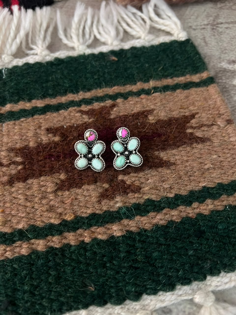 Handmade Sterling Silver Cotton Candy with Paloma Turquoise Post Studs Earrings Signed Nizhoni