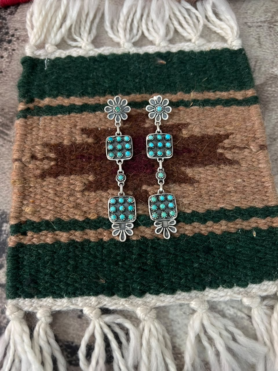 Handmade Sterling Silver Kingman Turquoise Post Dangle Earrings Signed Nizhoni