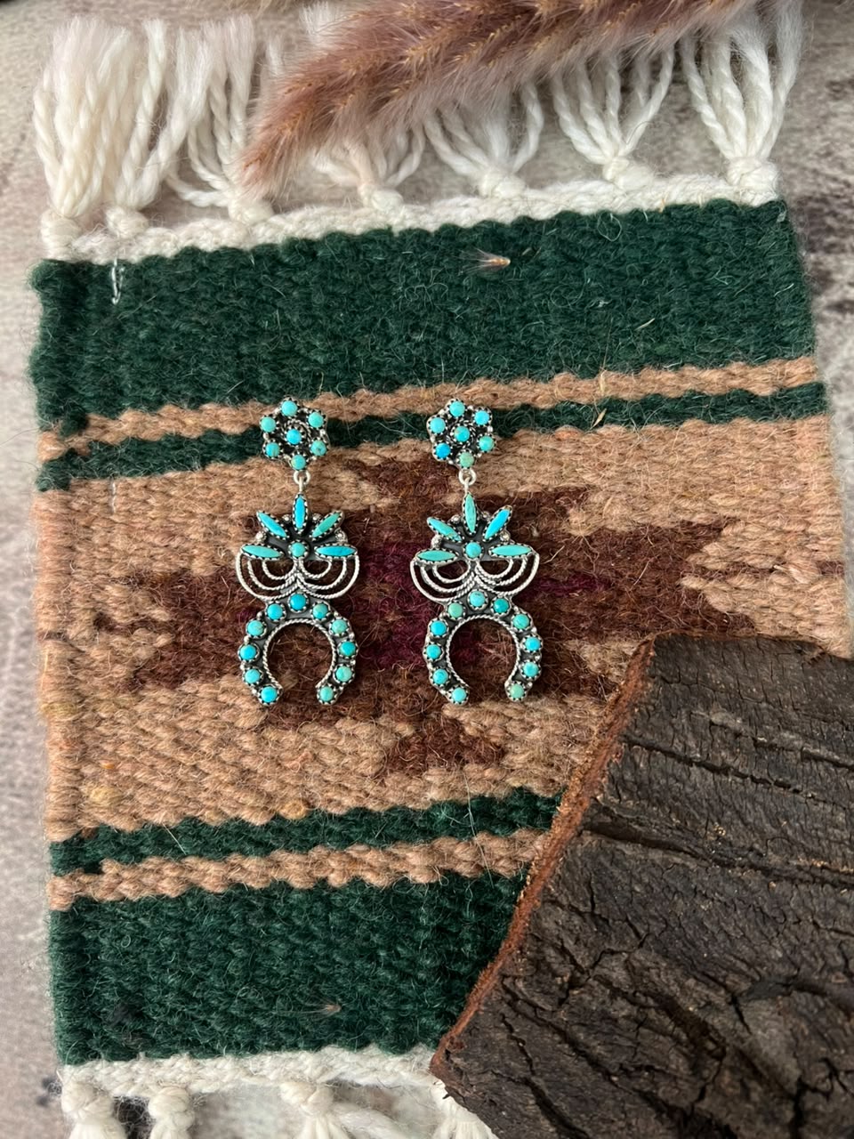 Handmade Sterling Silver Kingman Turquoise Post Dangle Naja Earrings Signed Nizhoni