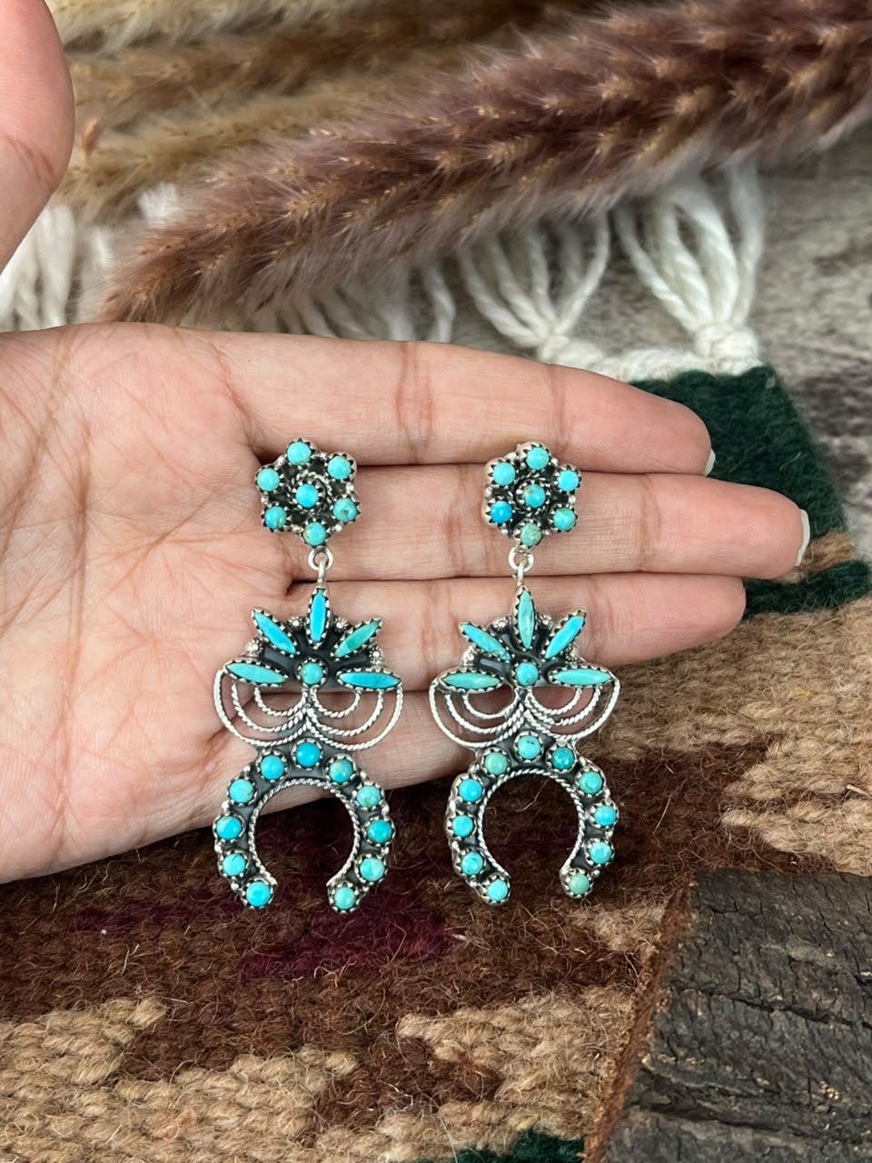 Handmade Sterling Silver Kingman Turquoise Post Dangle Naja Earrings Signed Nizhoni