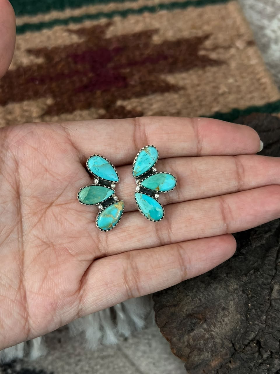 Handmade Sterling Silver Kingman Turquoise Post Studs Earrings Signed Nizhoni