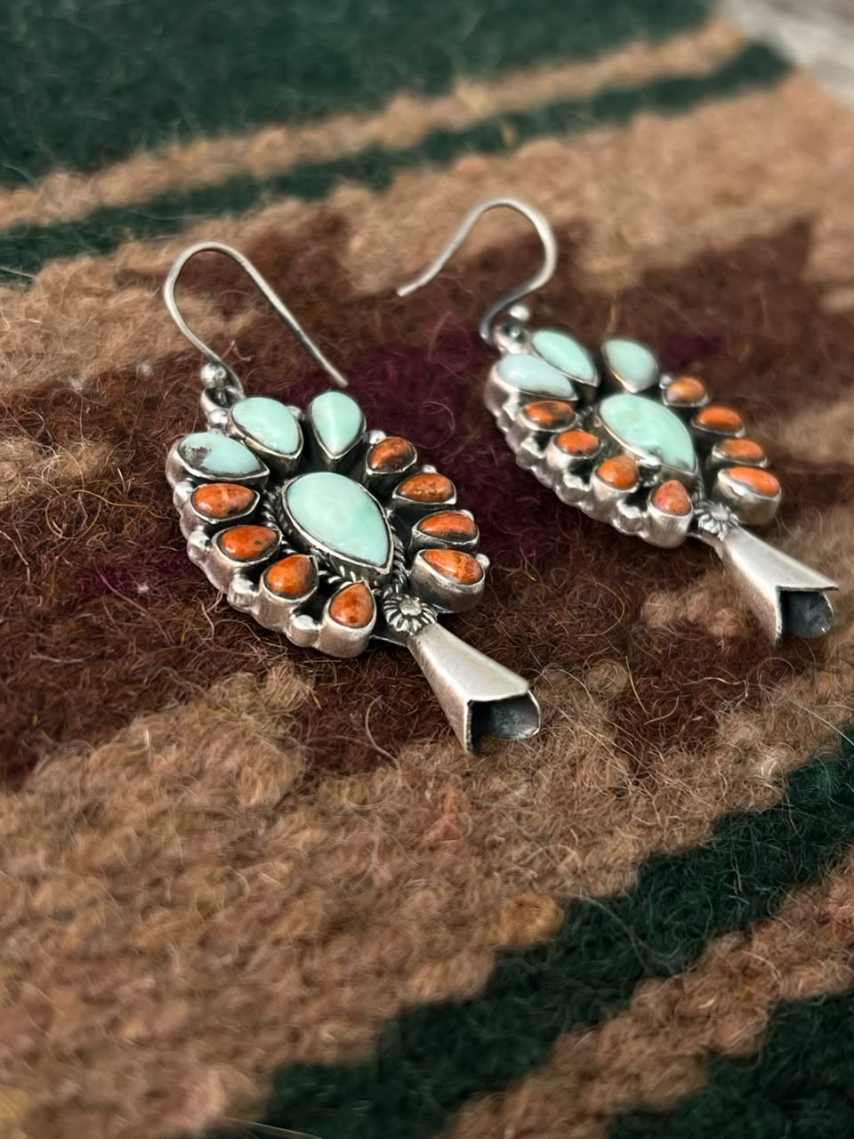 Handmade Sterling Silver Orange Mojave with Paloma Turquoise Squash Blossom Hook Dangle Earrings Signed Nizhoni