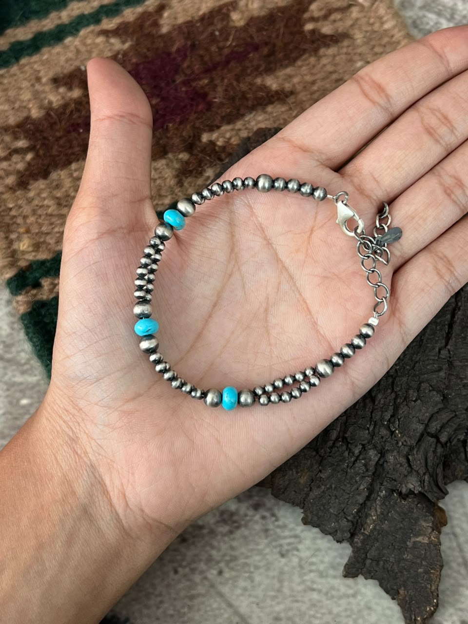 Handmade Sterling Silver Beaded Kingman Turquoise Chain Bracelet Signed Nizhoni