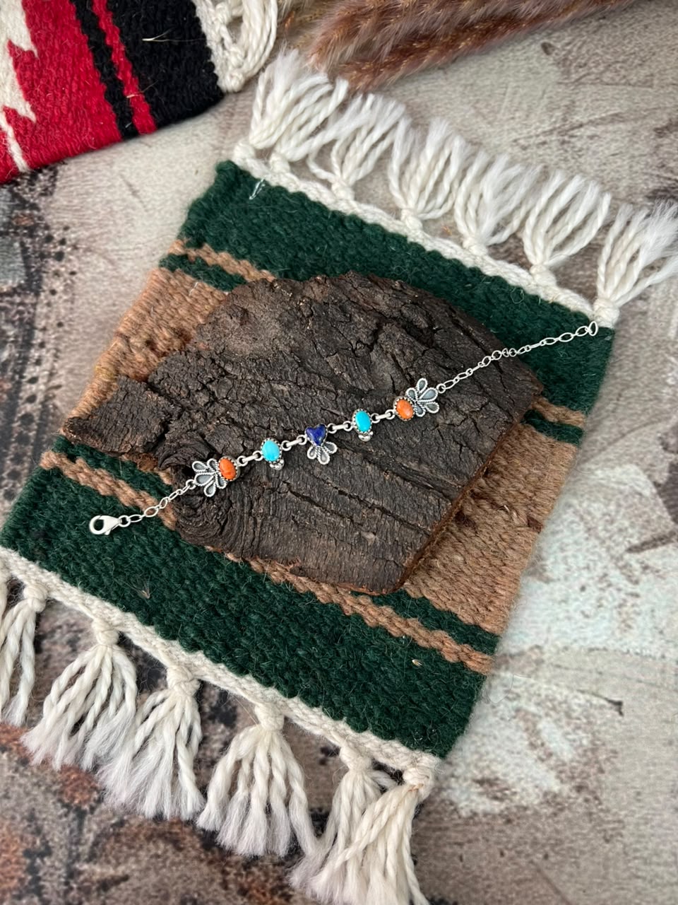 Handmade Sterling Silver Kingman Turquoise with Orange Mojave and Lapis Chain Bracelet Signed Nizhoni