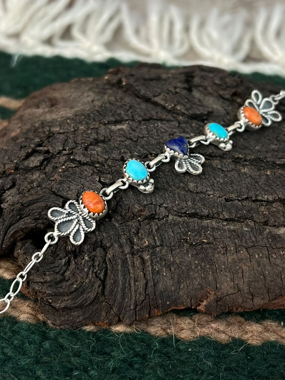 Handmade Sterling Silver Kingman Turquoise with Orange Mojave and Lapis Chain Bracelet Signed Nizhoni