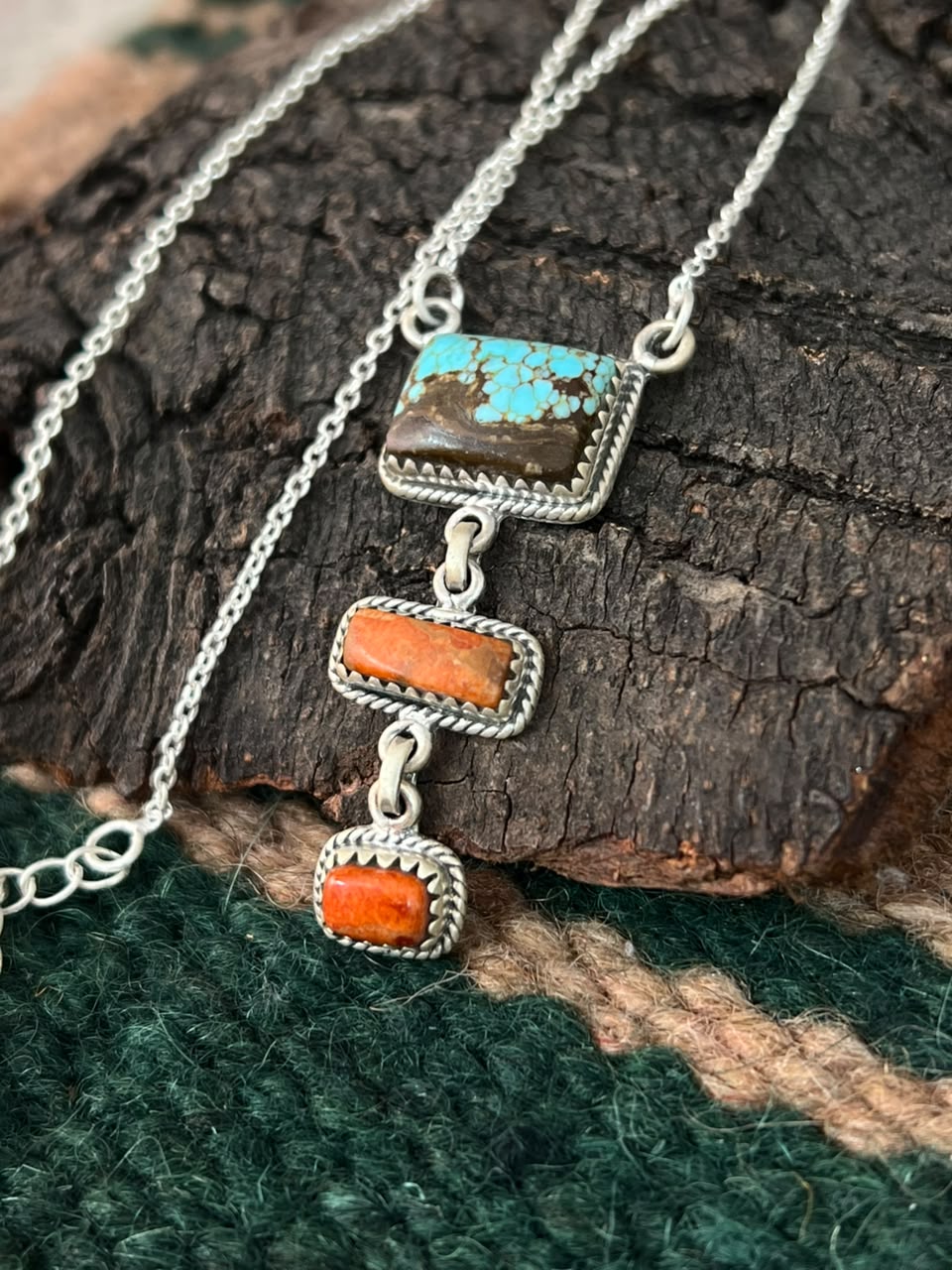 Handmade Sterling Silver Number 8 Turquoise with Orange Mojave Necklace Signed Nizhoni