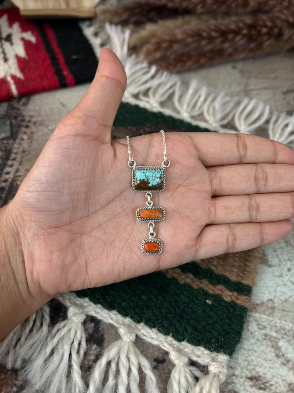 Handmade Sterling Silver Number 8 Turquoise with Orange Mojave Necklace Signed Nizhoni