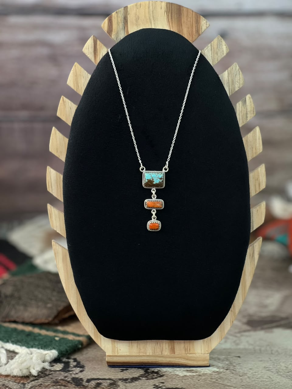 Handmade Sterling Silver Number 8 Turquoise with Orange Mojave Necklace Signed Nizhoni