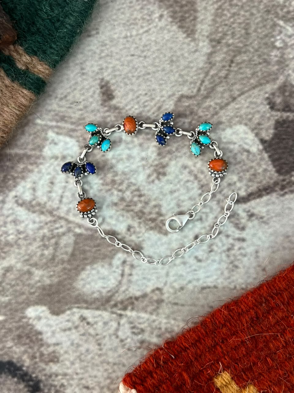Handmade Sterling Silver Kingman Turquoise with Orange Mojave and Lapis Chain Bracelet Signed Nizhoni