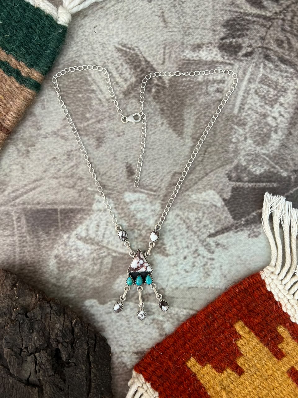 Handmade Sterling Silver Kingman Turquoise with Wildhorse Magnesite Necklace Signed Nizhoni