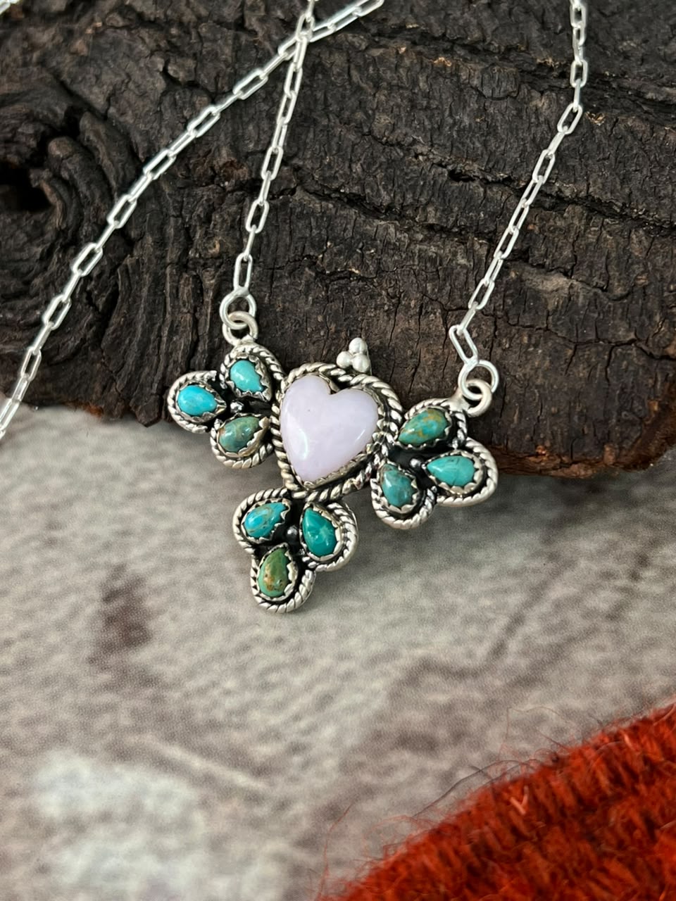 Handmade Sterling Silver Kingman Turquoise with Pink Opal Necklace Signed Nizhoni