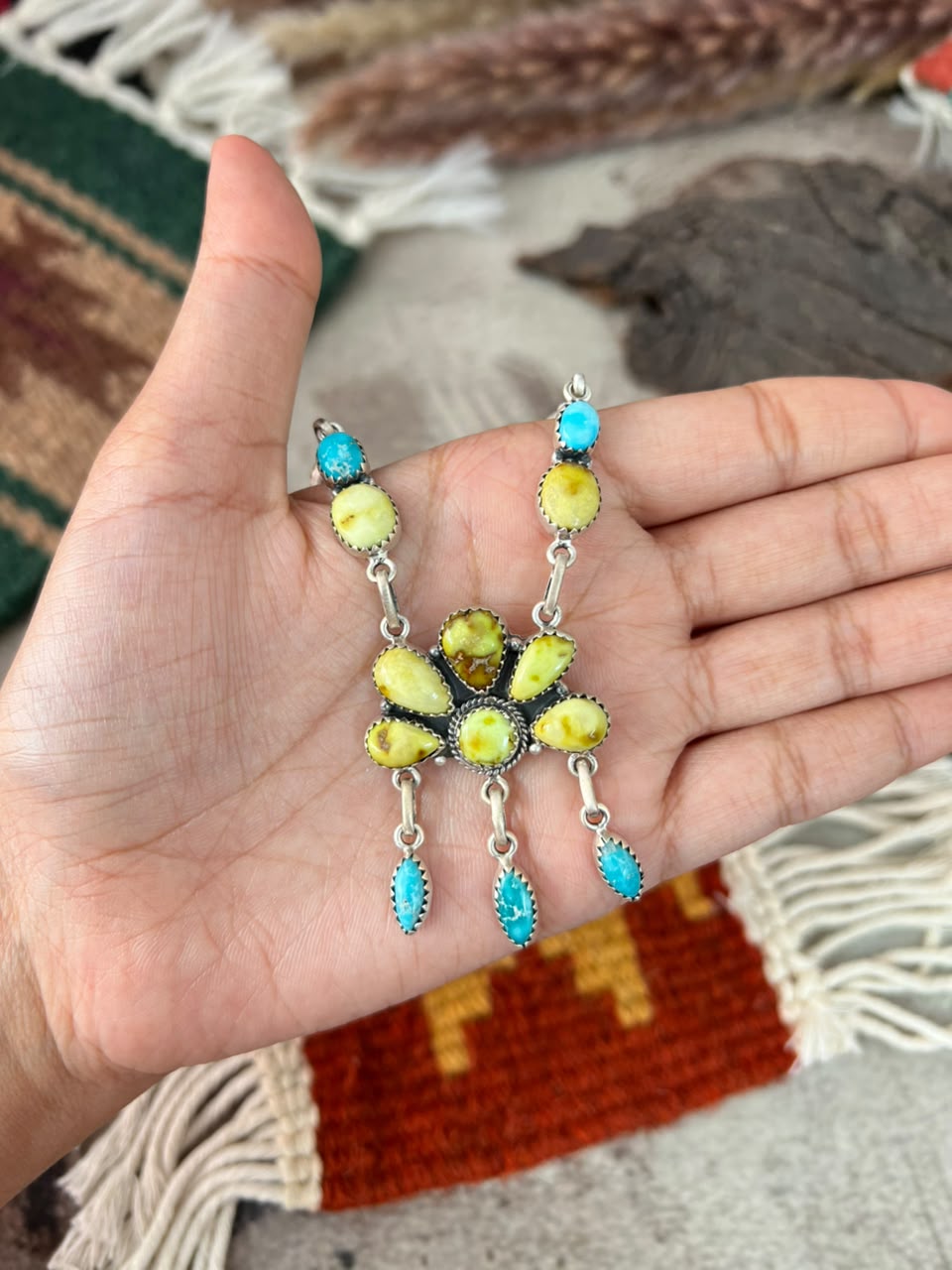 Handmade Sterling Silver Palomino with White Water Turquoise Necklace Signed Nizhoni