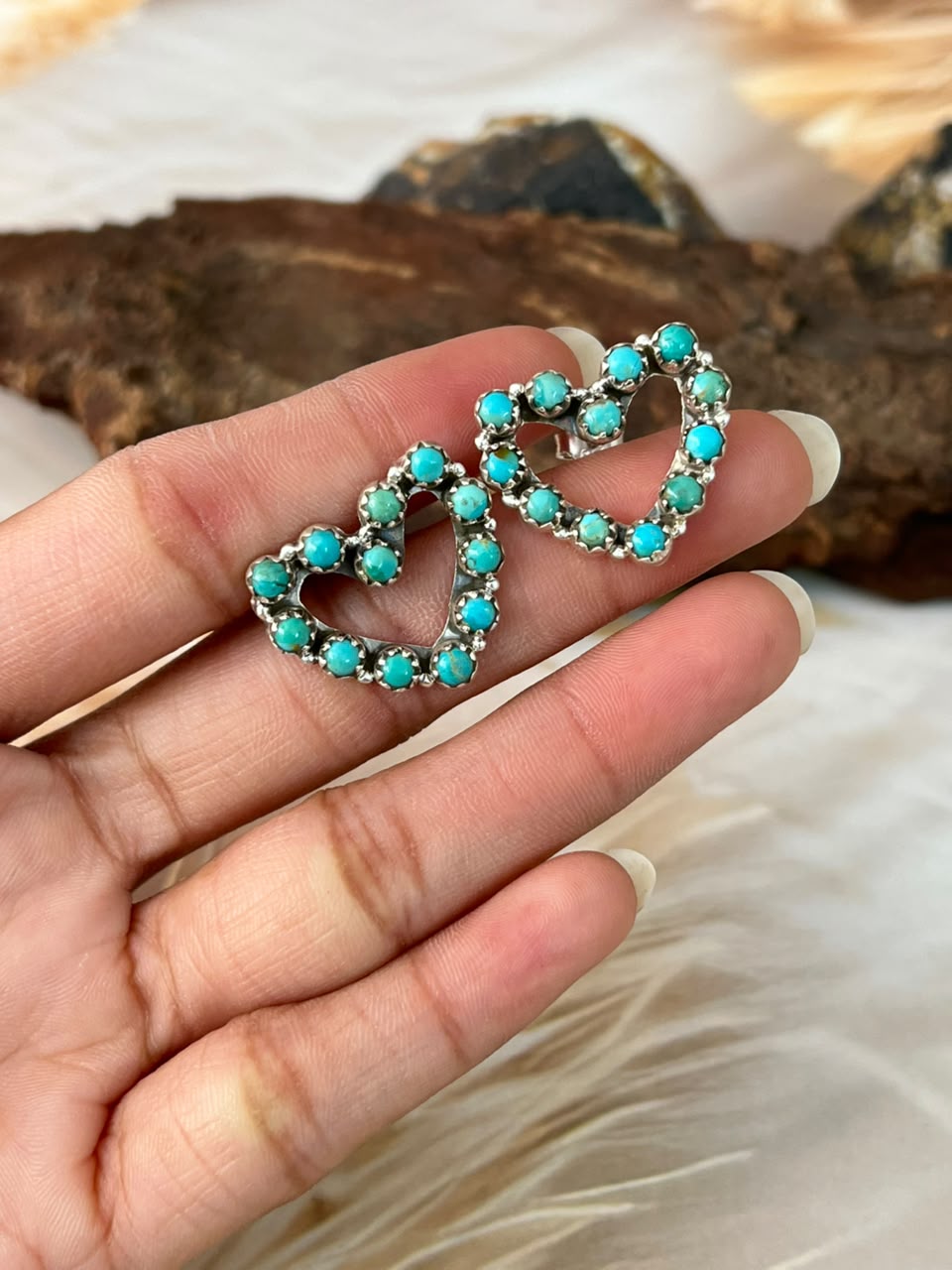 Handmade Sterling Silver Kingman Turquoise Post Studs Heart Earrings Signed Nizhoni