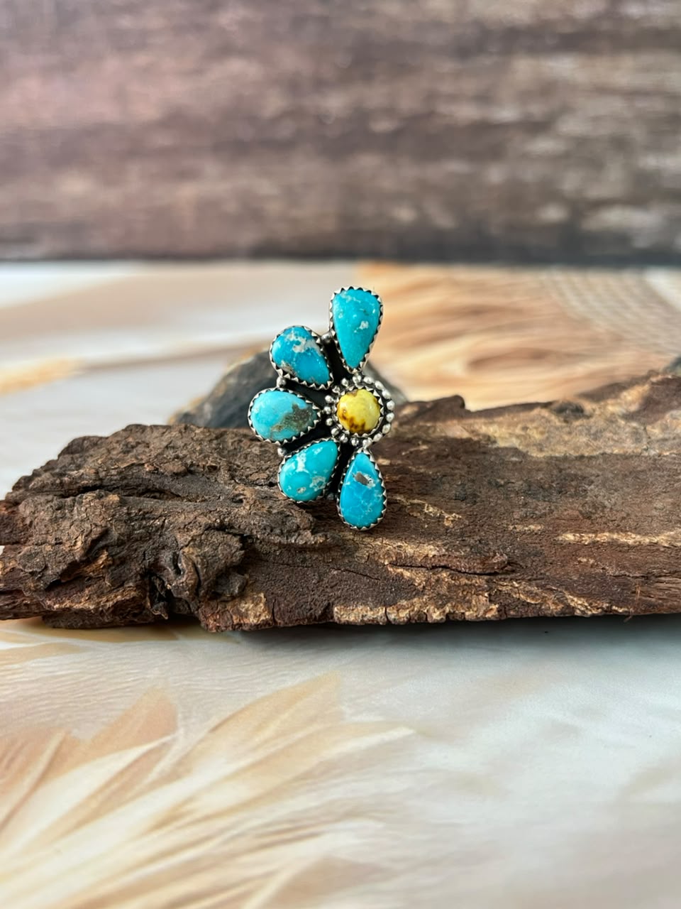 Handmade Sterling Silver White Water with Palomino Turquoise Adjustable Ring Signed Nizhoni