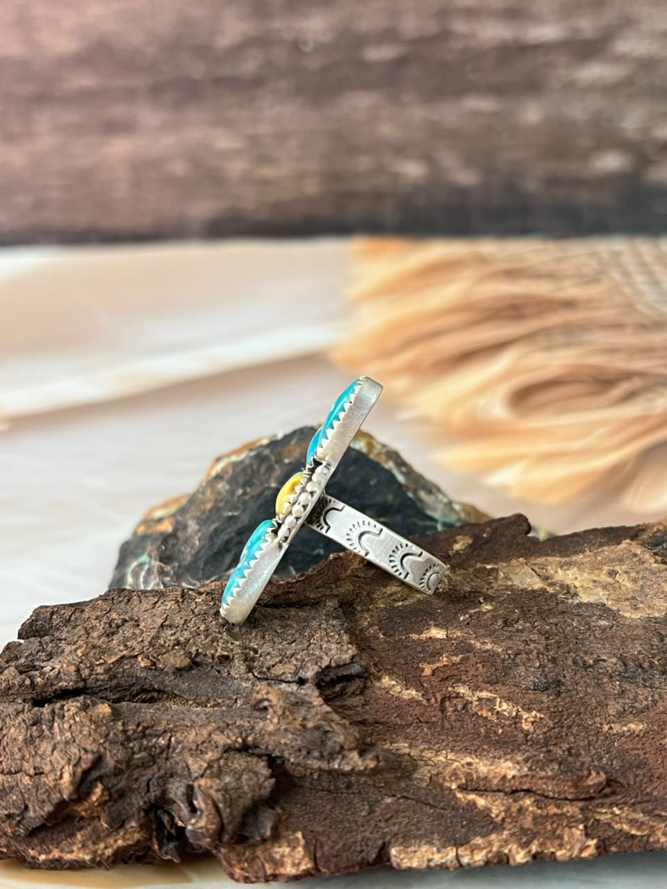 Handmade Sterling Silver White Water with Palomino Turquoise Adjustable Ring Signed Nizhoni