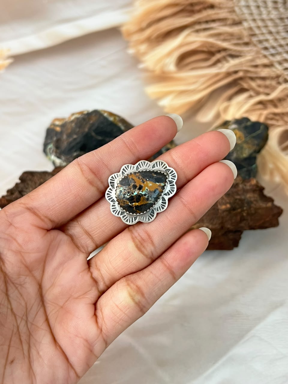 Handmade Sterling Silver Blackjack Turquoise Adjustable Ring Signed Nizhoni