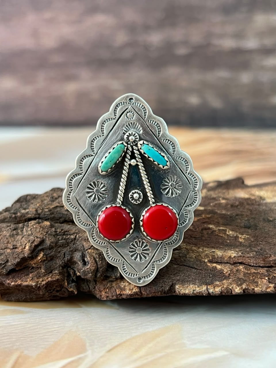 Handmade Sterling Silver Kingman Turquoise with Rosarita Adjustable Cherry Ring Signed Nizhoni