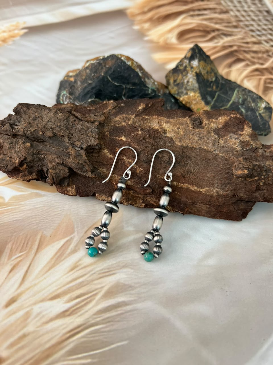 Handmade Sterling Silver Kingman Turquoise Hook Dangle Beaded Earrings