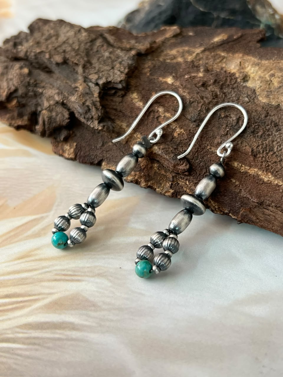 Handmade Sterling Silver Kingman Turquoise Hook Dangle Beaded Earrings