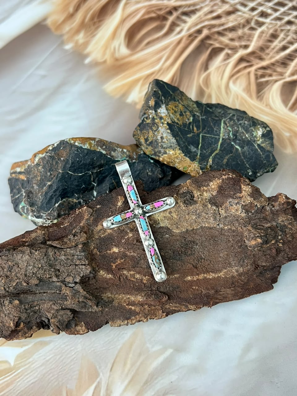 Handmade Sterling Silver Cotton Candy Cross Pendant Signed Nizhoni
