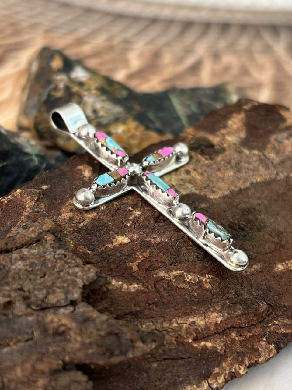 Handmade Sterling Silver Cotton Candy Cross Pendant Signed Nizhoni